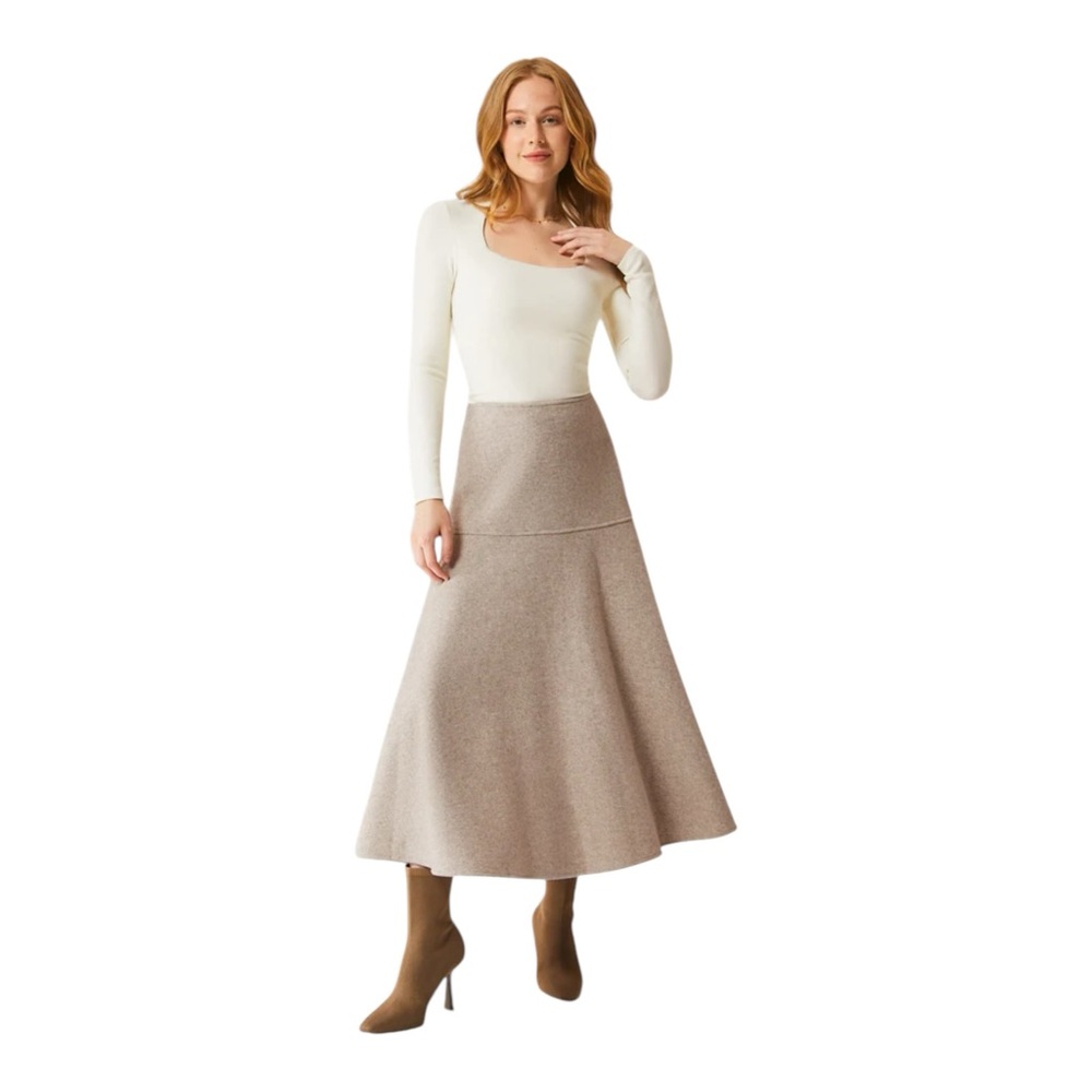 OGL Cashsoft Wool Like Flared Maxi Heather Oatmeal Beige Womens Size M